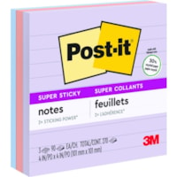 Feuillet adhésif Super Sticky Post-it® - largeur de drapeau/note 4 po (101,60 mm) x longueur de drapeau/note 4 po (101,60 mm) - Carré - Avec ligne - Couleurs de couverture assorties - Autocollant - Recyclé - 3 / emballage