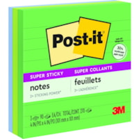 Post-it® Super Sticky Lined Notes - 270 - 4" (101.60 mm) Flag/Note Width x 4" (101.60 mm) Flag/Note Length - Square - Ruled - Paper - Self-adhesive, Repositionable - Recycled - 3 / Pack