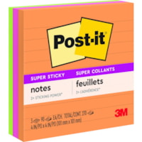 Feuillet adhésif Super Sticky Post-it® - largeur de drapeau/note 4 po (101,60 mm) x longueur de drapeau/note 4 po (101,60 mm) - Carré - Avec ligne - Assorti - Autocollant - 3 / emballage