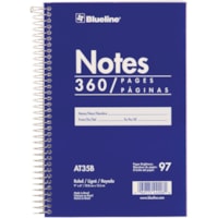 Blueline White Paper Wirebound Steno Pad - 360 Sheets - Spiral - Front Ruling Surface - 9" (228.60 mm) x 6" (152.40 mm) Sheet Size - White Paper - Blue Cardboard Cover - Flexible Cover - 1 Each