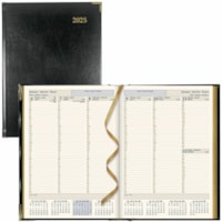 Brownline Executive Weekly Planner, 10-7/8" x 7-5/8" , Trilingual, Black - Weekly - January 2025 to December 2025 - 7:00 AM to 6:00 PM - Quarter-hourly - 1 Week Double Page Layout - 10 7/8" (276.23 mm) x 7 5/8" (193.68 mm) Sheet Size - Sewn - Black - Leather - Trilingual, Hard Cover, Gilt Edge, Ribb