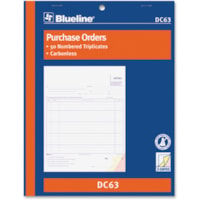 Blueline Purchase Order Form Book - 50 Sheet(s) - 3 Part - Carbonless Copy - 8 1/2" (21.6 cm) x 11" (27.9 cm) Sheet Size - Blue Cover - 1 Each