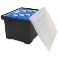 Storex File Tote - External Dimensions: 14.5" (368.30 mm) Width x 11" (279.40 mm) Depth x 18" (457.20 mm) Height - 30 lb (13607.77 g) - Media Size Supported: Legal, Letter - Snap-tight Closure - Heavy Duty - Stackable - Plastic - Black, Clear - For File - Recycled