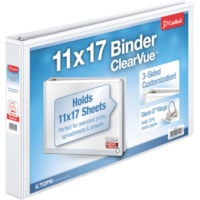 Cardinal ClearVue Overlay Tabloid D-Ring Binders - 1 1/2" (38.10 mm) Binder Capacity - Tabloid - 11" (279.40 mm) x 17" (431.80 mm) Sheet Size - 375 Sheet Capacity - 1 45/64" (43.18 mm) Spine Width - Fastener(s): 3 x D-Ring - Vinyl - White - 2.50 lb (1133.98 g) - Recycled - Clear Overlay, Non Locking