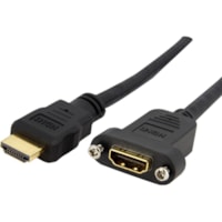 StarTech.com 3ft HDMI Female to Male Adapter, 4K High Speed Panel Mount HDMI Cable, HDMI Female to Male, HDMI Panel Mount Connector Cable - 3ft/91cm HDMI 1.4b cable; 4K (3840x2160p 30Hz)/Full HD 1080p/10.2 Gbps bandwidth/8Ch Audio - Molded connector; 2x 4-40 (0.31"/8mm long) screws - 28AWG/gold-plat