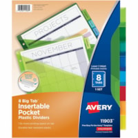 Avery® Big Tab(tm) Insertable Plastic Dividers with Pocketsfor Laser and Inkjet Printers, 9-1/4" x 11-1/8" , 8 tabs, 1 set - 8 x Divider(s) - 8 - 8 Tab(s)/Set - 9.25" (234.95 mm) Divider Width x 11.25" (285.75 mm) Divider Length - 3 Hole Punched - Translucent Plastic, Multicolor Divider - Mul