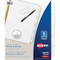 Avery® Avery®Big Tab(tm) Write & Erase Dividers5 tabs - 5 x Divider(s) - 5 Write-on Tab(s) - 5 - 5 Tab(s)/Set - 8.50" (215.90 mm) Divider Width x 11" (279.40 mm) Divider Length - 3 Hole Punched - White Paper Divider - White Paper Tab(s) - Recycled - Hole-punched, Writable, Erasable, Sturd