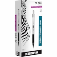 Zebra STEEL 3 Series M-301 Mechanical Pencil - 0.5 mm Lead - Refillable - Black Stainless Steel Barrel - 1 Dozen