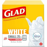 Glad White Garbage Bags, Febreze Fresh Clean Scent, Small 25 L, 100/PK - Febreze Fresh Clean - Small Size - 6.60 gal (25000 mL) Capacity - 20" (508 mm) Width x 20" (508 mm) Length - Tie Closure - White - Garbage, Kitchen, Bathroom, Bedroom, Office - 100 / Pack