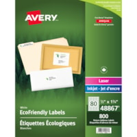 Avery® Eco-Friendly Return Address Labels for Laser and Inkjet Printers, ½" x 1¾" - 1/2" (12.70 mm) Width x 1 3/4" (44.45 mm) Length - Square - Laser, Inkjet - White - Paper - 80 / Sheet - Chlorine-free - 800 / Pack