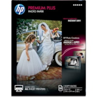 HP Premium Plus Soft Gloss Photo Paper - Letter - 8 1/2" (215.90 mm) x 11" (279.40 mm) - 80 lb (36287.39 g) Basis Weight - Soft Gloss - Smudge Proof, Water Resistant, Quick Drying, Fade Resistant - White - 50 / Pack