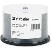 Verbatim CD-R 700MB 52X DataLifePlus White Inkjet Printable, Hub Printable - 50pk Spindle - Printable - Inkjet Printable