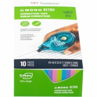 Tombow Mono Correction Tape Retro Applicator Pack - 0.17" (4.22 mm) Tape Width x 32.8 ft (10.01 m) Tape Length - 1 Line(s) - White Tape - Break Resistant, Non-refillable - White - 10 / Pack