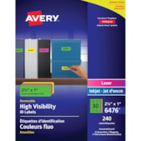 Avery® High Visibility Removable ID Labelsfor Laser and Inkjet Printers, 2-5/8" x 1" - 1" (25.40 mm) Width x 2 5/8" (66.55 mm) Length - Removable Adhesive - Rectangle - Laser, Inkjet - Neon Blue, Neon Green, Neon Magenta, Neon Yellow - 30 / Sheet - Self-adhesive, Residue-free - 240 / Pack