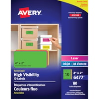 Avery® High Visibility Removable ID Labelsfor Laser and Inkjet Printers, 4" x 2" - 2" (50.80 mm) Width x 4" (101.60 mm) Length - Removable Adhesive - Rectangle - Laser, Inkjet - Neon Blue, Neon Green, Neon Magenta, Neon Yellow - 10 / Sheet - Self-adhesive, Residue-free - 80 / Pack