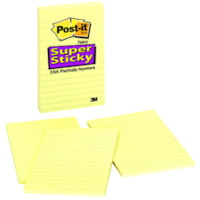 Feuillet adhésif Super Sticky Post-it® - largeur de drapeau/note 4 po (101,60 mm) x longueur de drapeau/note 6 po (152,40 mm) - Rectangulaires - Avec ligne - Jaune canari - Autocollant - 3 / emballage