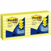 Bloc-notes Pop-up Post-it® - largeur de drapeau/note 3 po x longueur de drapeau/note 3 po - Carré - 100 Feuilles par bloc - Jaune canari - Amovible, Recyclable - 6 / emballage