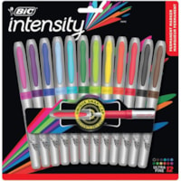 BIC Intensity Fashion Permanent Markers, Ultra Fine Point, Assorted colours, Non-Slip Grip For Comfort & Control, 12-Count - Ultra Fine Marker Point - Aqua, Black, Blue, Brown, Green, Lime, Orange, Pink, Purple, Red, Sky Blue, ... Ink