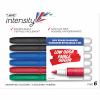 BIC Intensity Low Odor Dry Erase Markers, Assorted Colours, Chisel Tip, 6-Count Pack of Erasable Markers With Low-Odor Ink for a Pleasant Writing Experience - Broad Chisel, Fine Marker Point - Black, Blue, Red, Green Ink - 6 / Pack