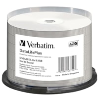 Verbatim DVD+R DL 8.5GB 8X DataLifePlus White Thermal Printable, Hub Printable - 50pk Spindle - 120mm - Printable - Thermal Printable