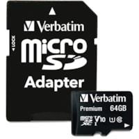 Verbatim 64GB Premium microSDXC Memory Card with Adapter, UHS-I V10 U1 Class 10 - 90 MB/s Read - Lifetime Warranty