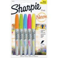 Sharpie Fine Neon Permanent Markers - Fine Marker Point - Neon Yellow, Neon Pink, Neon Orange, Neon Green, Neon Blue Ink - 5 / Set