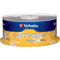 Verbatim 94834 DVD Rewritable Media - DVD+RW - 4x - 4.70 GB - 30 / Pack - Silver - 120mm - Single-layer Layers - 2 Hour Maximum Recording Time