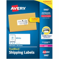 Avery® White Rectangle Labels with Sure Feed(tm) TechnologyTrueBlock®, 2" x 4" , for Laser and Inkjet Printers - 2" (50.80 mm) Height x 4" (101.60 mm) Width - Permanent Adhesive - Rectangle - Laser, Inkjet - Matte - White - Paper - 10 / Sheet - 250 Total Sheets - 2500 Total Label(s) - Per