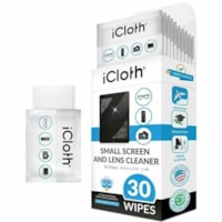 icloth Small Screen and Lens Cleaner - For Multipurpose, Multi Surface - 0.03 fl oz (1 mL) - Ammonia-free, Scratch-free, Lint-free, Smudge-free, Damage Resistant, Anti-glare, Streak-free, Individually Wrapped, Pre-moistened, Quick Drying, Soft, ... - Fabric - White - 30 / Box