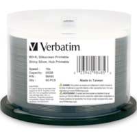 Verbatim BD-R 25GB 6X Shiny Silver Silk Screen Printable, Hub Printable - 50pk Spindle - 120mm