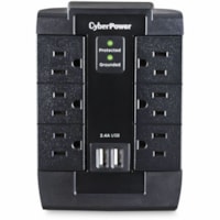 CyberPower CSP600WSU Professional 6 Swivel Outlets Surge with 1200J, 2-2.4A USB & Wall Tap - Plain Brown Boxes - Black - 6 x NEMA 5-15R, 2 x USB Type A - 1500 J - 125 V AC Input - 60 kA - Direct Plug