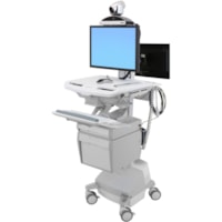 Ergotron StyleView Telepresence Cart, Back-to-Back Monitors, Powered - Push/Pull Handle - 17.69 kg Capacity - 4 Casters - Aluminum, Plastic, Zinc Plated Steel - White, Gray, Polished Aluminum 