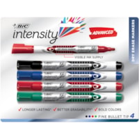 BIC Intensity Advanced Dry Erase Markers, Fine Point, Assorted Colours, 4-Count Pack, Dry Erase Markers for College Supplies and School Supplies - 4.2 mm (0.17") Fine Chisel, Bold Marker Point - Black, Blue, Green, Red Ink - Liquid - 4 / Pack