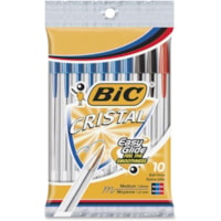 BIC Cristal Orginal Ballpoint Pen, Medium Point (1.0mm), With Tungsten Carbide Ball For Smooth Flow, Assorted Colours, 10-Count - 1 mm (0.04") Medium Pen Point - Assorted Ink - Clear Barrel - Brass Tip - 10 / Pack