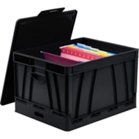 Storex Collapsible Storage Crate - External Dimensions: 14.3" (361.95 mm) Width x 17.3" (438.15 mm) Depth x 10.5" (266.70 mm) Height - 45 lb (20411.66 g) - 9.25 gal (35015.06 mL) - Media Size Supported: Letter, Legal - Lid Lock Closure - Heavy Duty - Stackable - Plastic - Black - For File Folder, Le