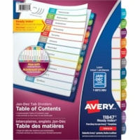 Avery® Ready Index® Customizable Table of Contents Dividersfor Laser and Inkjet Printers, Jan-Dec tabs, 1 set - 12 x Divider(s) - Jan-Dec - 12 Tab(s)/Set - 8.50" (215.90 mm) Divider Width x 11" (279.40 mm) Divider Length - 3 Hole Punched - White Paper Divider - Multicolor Paper Tab(s) - 20% 