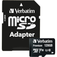 microSDXC Premium 128 Go Classe 10/UHS-I - 1 chaque Verbatim - 45 Mo/s Lecture - À vie Garantie