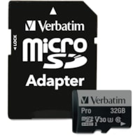 microSDHC Pro 32 Go Classe 10/UHS-I (U3) - 1 Verbatim - 90 Mo/s Lecture - 45 Mo/sSpaceEcriture - 600x Vitesse de mémoire - À vie Garantie