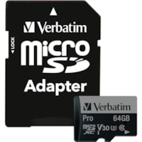 microSDXC Pro 64 Go Classe 10/UHS-I (U3) - 1 Verbatim - 90 Mo/s Lecture - 45 Mo/sSpaceEcriture - 600x Vitesse de mémoire - À vie Garantie