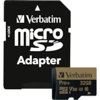 microSDHC PRO Plus 32 Go Classe 10/UHS-I (U3) - 1 Verbatim - 90 Mo/s Lecture - 80 Mo/sSpaceEcriture - 600x Vitesse de mémoire - À vie Garantie