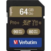 Verbatim 64GB Pro Plus 600X SDXC Memory Card, UHS-I V30 U3 Class 10 - 90 MB/s Read - 80 MB/s Write - 600x Memory Speed - Lifetime Warranty