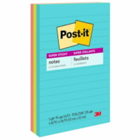 Post-it® Super Sticky Notes - Supernova Neons Color Collection - 270 x Multicolor - 4" (101.60 mm) Flag/Note Width x 6" (152.40 mm) Flag/Note Length - Rectangle - 90 Sheets per Pad - Ruled - Aqua Splash, Acid Lime, Guava - Paper - Self-adhesive, Recyclable - 3 / Pack