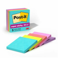 Post-it® Super Sticky Notes - Supernova Neons Color Collection - 3" (76.20 mm) Flag/Note Width x 3" (76.20 mm) Flag/Note Length - Square - 90 Sheets per Pad - "Aqua Splash, Acid Lime, Guava, Tropical Pink, Iris Infusion - Paper - Recyclable, Repositionable - 5 Pack