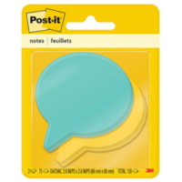 Feuillet adhésif Post-it® - largeur de drapeau/note 3 po (76,20 mm) x longueur de drapeau/note 3 po (76,20 mm) - Bulle de pensée - 75 Feuilles par bloc - Bleu, Vert - Die-cut, Autocollant - 2 / emballage