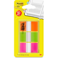 Post-it® Flags, Orange, Lime, Pink .94 in wide, 60/On-the-Go Dispenser, 1 Dispenser/Pack - 20 x Orange, 20 x Lime Green, 20 x Pink - 15/16" (23.88 mm) Flag/Note Width - Plain - Orange, Lime Green, Pink - Writable, Removable, Residue-free - Dispenser Included - 60 / Pack