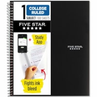 Five Star College Ruled 1-subject Notebook - 100 Sheets - Wire Bound - Wide Ruled Front Ruling - 8" (203.20 mm) x 11" (279.40 mm) Sheet Size - Black Plastic Cover - 1 Each