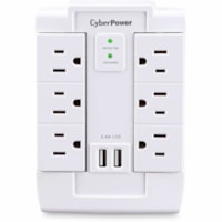 CyberPower Professional Surge CSP600WSURC2 6-Outlets Surge Suppressor/Protector - White - NEMA 5-15P - 6 x NEMA 5-15R, 2 x USB Type A - 1500 J - 125 V AC Input - 120 V AC, 5 V DC Output - Direct Plug