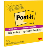 Feuillet adhésif Super Sticky Post-it® - largeur de drapeau/note 10 63/64 po x longueur de drapeau/note 10 63/64 po - Carré - 30 Feuilles par bloc - Jaune canari - 1 chaque