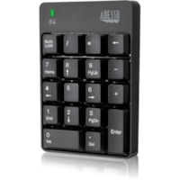 Adesso Wireless Spill Resistant 18-Key Numeric Keypad - Wireless Connectivity - RF - 30 ft (9144 mm) - 2.40 GHz - USB Interface - 18 Key(s) - English (US) - Computer - Windows - Membrane Keyswitch - AAA Battery Size Supported - Black