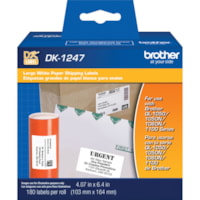 Brother Shipping Label - 4 1/16" (103.38 mm) Width x 6 2/5" (162.56 mm) Length - White - Paper - 180 / Roll - Die-cut - 180 / Roll